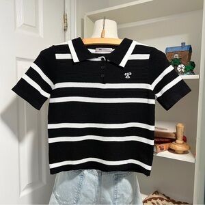 Classic Black and White Striped Knit Polo